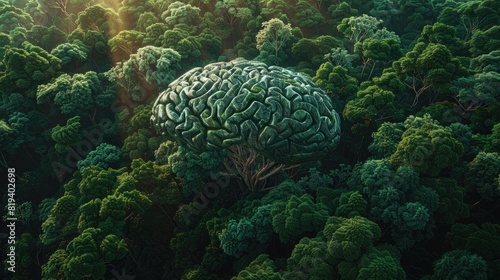 forest brain, forest canopy with brain-like ridges seen from high above, lighting arcing, warped perspective , small portion of mandelbrot set, golden ratio