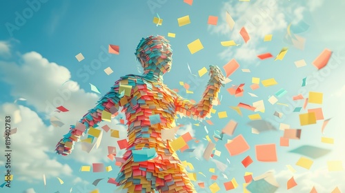 human made of post-its flying in the wind, dither