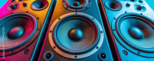 Close-up of vibrant colored large speakers, showcasing audio technology and modern sound design with a focus on speaker details.
