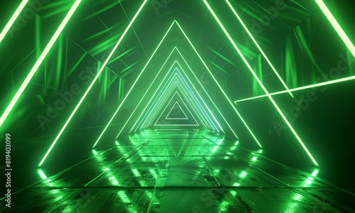 3d render. Abstract green neon background with triangular shape, laser rays and glowing lines