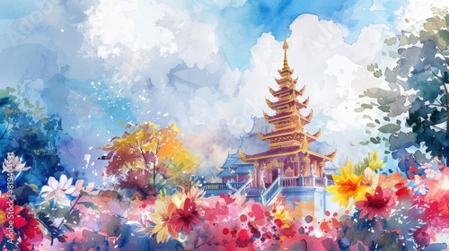 Watercolor illustration of pagoda in chiang mai with beautiful colorful flowers