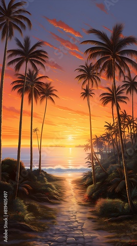 A peaceful morning scene with sun rising over a row of palm trees along a coastal road.