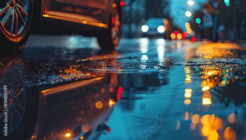 Abstract reflection of a car driving on a wet road at night
