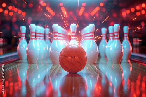 A bowling ball is in the middle of bowling game with a bunch of bowling pins
