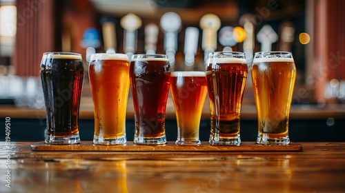 Glasses with different sorts of craft beer on a wooden bar. Tap beer in pint glasses arranged in a row. Close-up of five glasses of different types of draught beer in a pub 