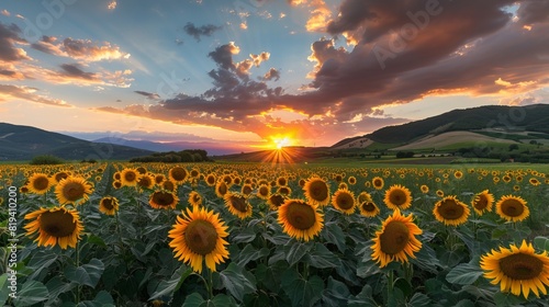 Sunset over a sunflower field 