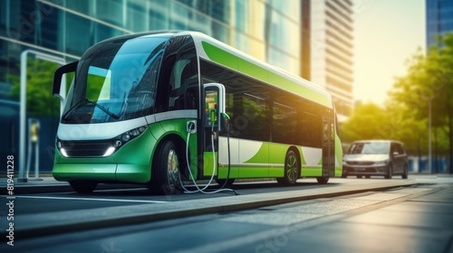 Electric bus with lightning in the city at night. 3D illustration. Sustainable energy. Electric vehicle. Green Energy Concept with Copy Space. 