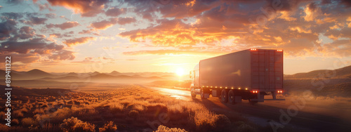 Cargo truck driving through landscape at sunset 