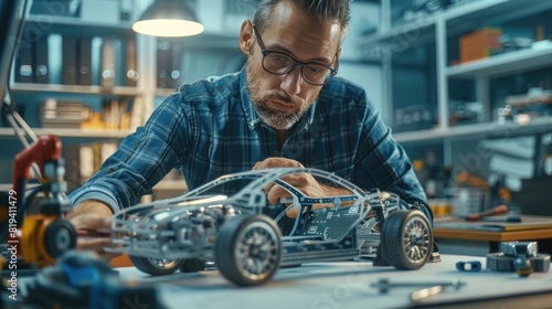 A handsome male engineer is working on an electric car model in the office. He has glasses and s
