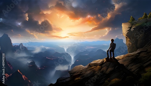 person rests atop a mountain, gazing upon the landscape, anime styled