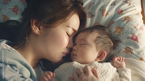 Close up portrait of beautiful young asian caucasian mother day girl kissing healthy newborn baby sleep in bed with copy space. Healthcare and medical love 
