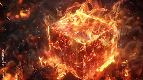 A glowing, burning cube engulfed in vibrant flames, conveying a sense of intense heat and energy in a dynamic, fiery scene.