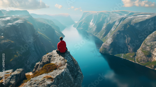 Person Sitting on Cliff Overlooking Body of Water