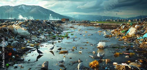 Polluted landfill with waste and trash, with mountains and a cloudy sky background, highlighting environmental pollution and waste management issues.