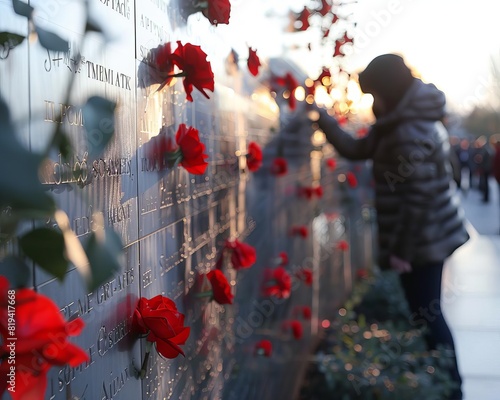 A wall of names commemorating fallen soldiers, with people touching the engravings and leaving flowers on Memorial Day