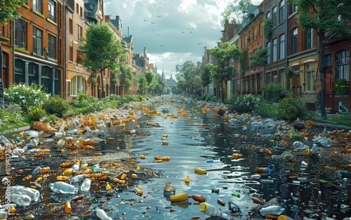 Urban street flooded with water and littered with floating debris, capturing the effects of urban waterlogging on the environment.