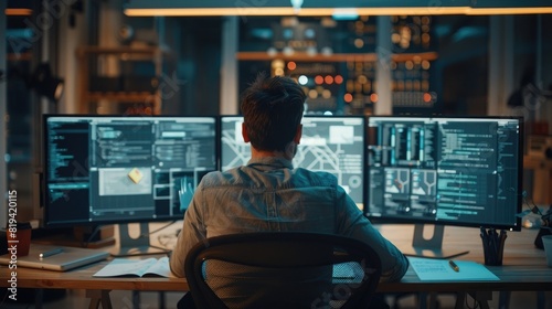 A programmer is coding on three monitors in front of him, code and symbols are displayed on the screens, notes with ideas stand nearby, in an office interior background,