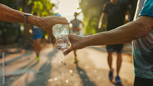 Drinks station at a running marathon, hydration drinking during a race, Taking water from people Generative AI