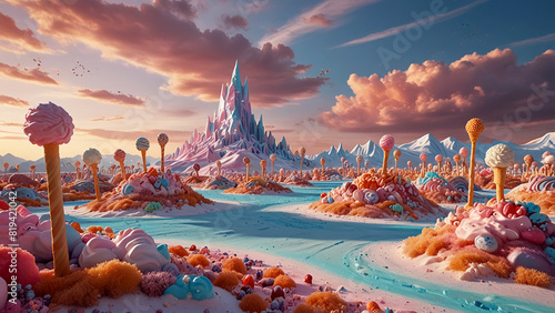 Fantasy Dessert Landscape with Ice Cream Mountains and Candy Forests Picture a cinematic shot of a vast dessert landscape where mountains are made of multi-flavored ice cream and forests consist of gi