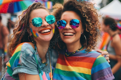 Two women laughing and holding each other close while wearing matching pride t-shirts at a festival 