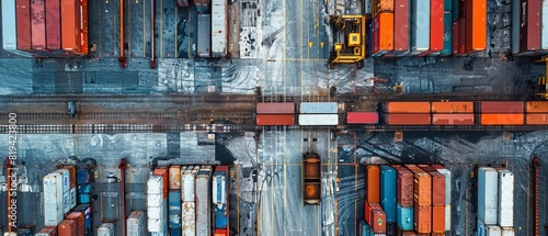 Aerial view of a busy logistics and shipping hub with colorful cargo containers and transport vehicles in an industrial setting.