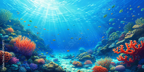 A vibrant underwater scene, featuring a coral reef teeming with various types of colorful fish and other marine life.