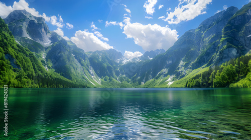 Reflection of mountain range in lake,mountains lake Morskie oko or sea eye lake In High Tatras Five lakes valley