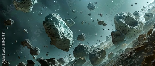Asteroid belt in deep space featuring rocky celestial objects floating against a dark, ethereal backdrop, emphasizing sci-fi imagery.