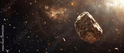 Asteroid flying through deep space amid stars and other celestial objects, exploring the mysteries of the universe.