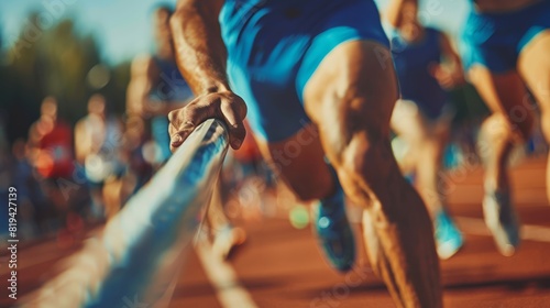 Action shot of a runner during a relay race, passing the baton with precision and teamwork, ideal for sportswear and fitness promotions.