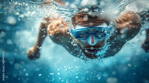 Dynamic image of a swimmer diving into the pool, emphasizing speed and form, perfect for fitness and swimwear brands.