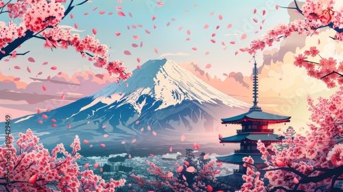 Mount Fuji and cherry blossoms come to life in this stylized illustration, blending tradition with modernity.