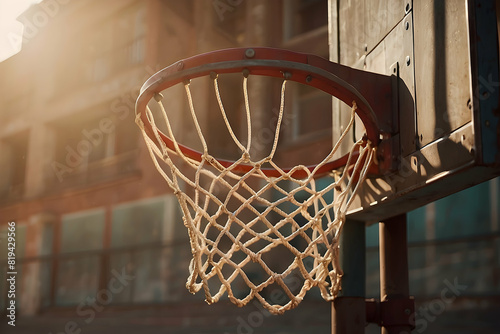 Sunlight casts a warm glow on the basketball hoop with a clear sky background, ideal for sports and outdoor activity themes