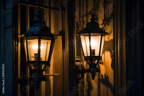 The photo features a pair of vintage lanterns casting a warm glow on the textured wall of an old house during the night