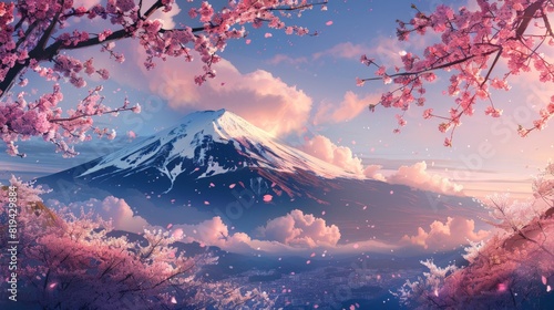 A stylized illustration captures Mount Fuji and cherry blossoms in a whimsical and imaginative art style.