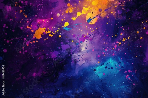Abstract background with neon light, blurred splashes of paint and drops on the canvas. The colors purple, blue, turquoise, yellow, and orange are beautiful and bright.