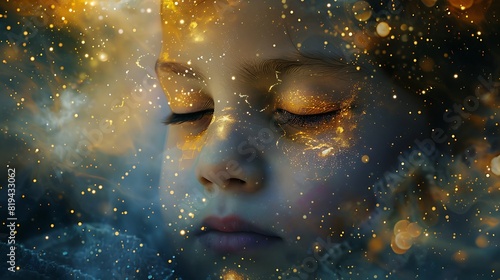 A childs face blended with a starry night sky, eyes closed in a dreamlike state
