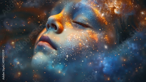 A childs face blended with a starry night sky, eyes closed in a dreamlike state