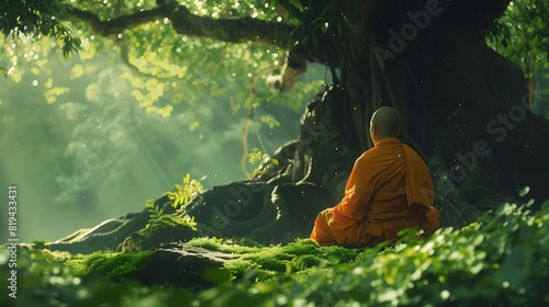 A close-up shot of a Buddhist monk meditating peacefully under a Bodhi tree, surrounded by lush greenery