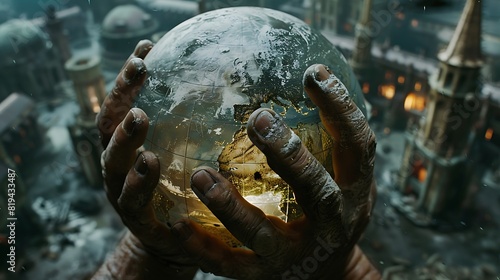 A close-up shot of weathered hands holding a well-traveled globe, with faded images of famous landmarks visible through the transparent surface