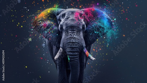 An elephant with colorful paint splattered on it, with color particles floating around the animal. The background is dark gray and blue gradient. High resolution, high quality, super detailed