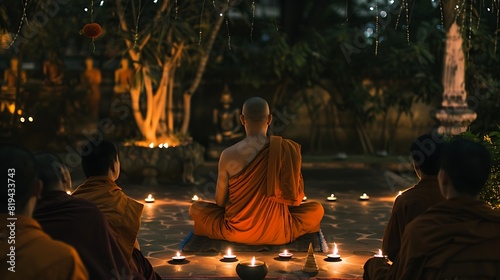 A Buddhist monk delivering a Dhamma talk to a group of attentive listeners, imparting wisdom and teachings on the significance of Visakha Bucha Day