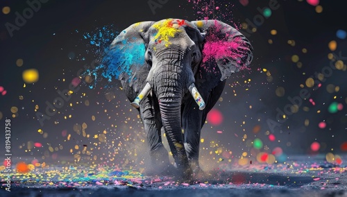 An elephant with colorful paint splattered on it, with color particles floating around the animal. The background is dark gray and blue gradient. High resolution, high quality, super detailed