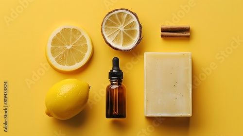 Facial serum, natural soap and natural solid deodorant on a yellow background.