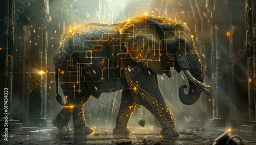 A massive, mystical elephant with glowing golden circuitry and ancient Egyptian symbols standing in an empty room filled with light beams and broken glass.