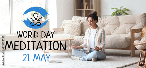 Young African-American woman with laptop meditating at home