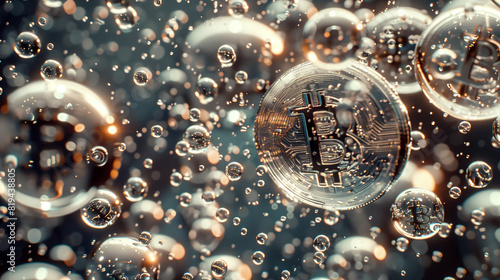 Bitcoin bubble, coins floating within a field of bubbles, the coins are encased in bubbles, creating a surreal and dynamic scene with a mixture of metallic and glassy textures