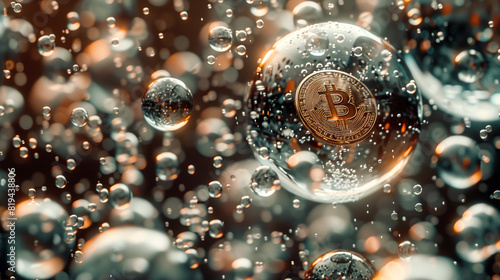 Bitcoin bubble, a coin, floating within a field of bubbles. The coins are encased in bubbles, creating a surreal and dynamic scene with a mixture of metallic and glassy textures