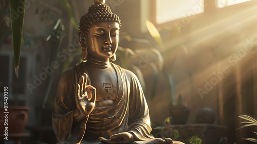 A serene statue of the Buddha seated in lotus position, bathed in soft golden light, with hands in the gesture of teaching (Dharmacakra mudra), symbolizing enlightenment and wisdom
