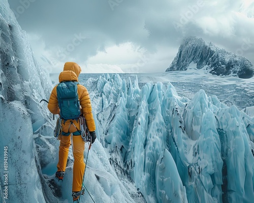 An adventurer ice climbing a glacier in Patagonia, equipped with picks and ropes against a backdrop of stark blue ice